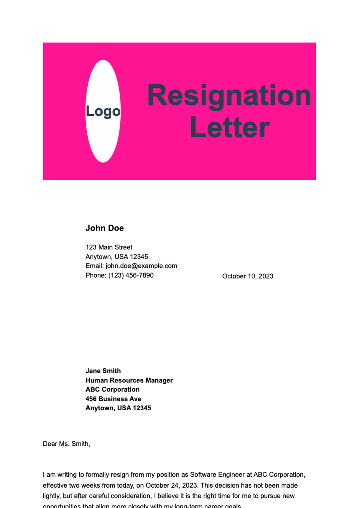 Bright pink resignation letter with modern header and signature_variant_1